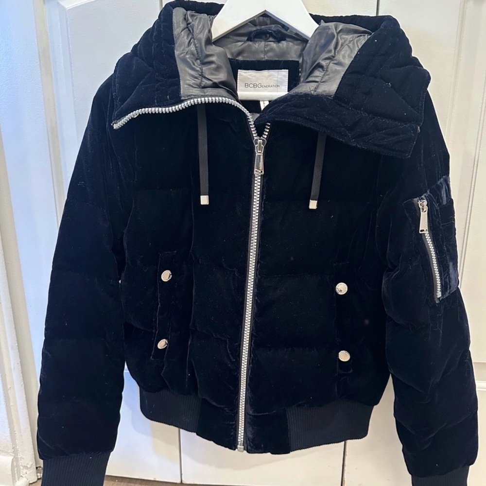 BCBGeneration blue and burgundy velvet Puffer bomber Jacket with Hood